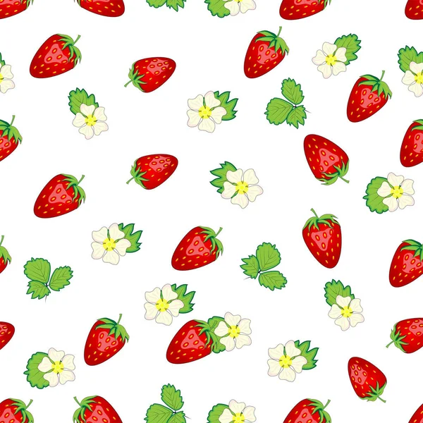 Seamless pattern with strawberries, berries and flowers. Sweet food repeat fabric background. organic fruits.