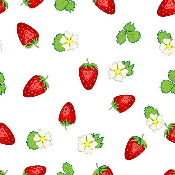 Seamless pattern with strawberries, berries and flowers. Sweet food repeat fabric background. organic fruits.