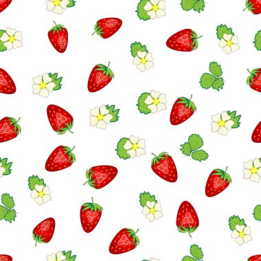 Seamless pattern with strawberries, berries and flowers. Sweet food repeat fabric background. organic fruits.