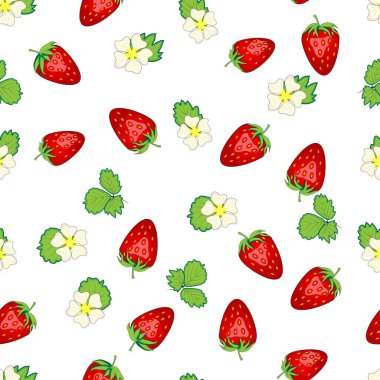 Seamless pattern with strawberries, berries and flowers. Sweet food repeat fabric background. organic fruits.