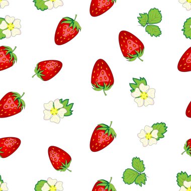 Seamless pattern with strawberries, berries and flowers. Sweet food repeat fabric background. organic fruits.