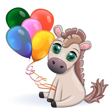 Cute cartoon horse, pony for card with flowers, balloons, hearts