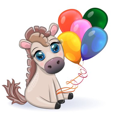 Cute cartoon horse, pony for card with flowers, balloons, hearts