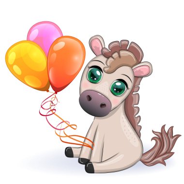 Cute cartoon horse, pony for card with flowers, balloons, hearts