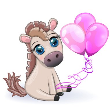 Cute cartoon horse, pony for card with flowers, balloons, hearts
