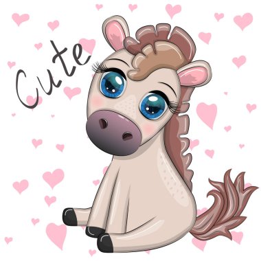 Cute cartoon horse, pony for card with flowers, balloons, hearts
