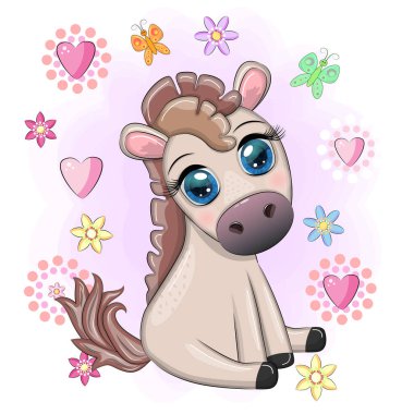 Cute cartoon horse, pony for card with flowers, balloons, hearts