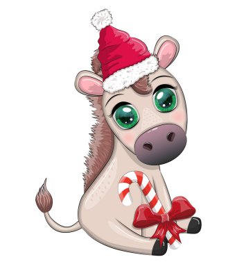 Cute donkey in santa hat with balloon, gift, candy kane, ice skating and winter sports. Postcard for Christmas and New Year