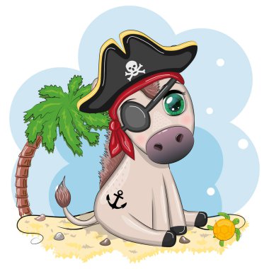 Cute pirate donkey in a cocked hat, with an eye patch. Child character, games for boys