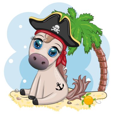 Cute pirate horse in a cocked hat, with an eye patch. Child character, games for boys