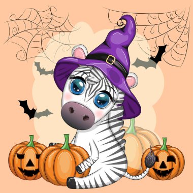 Cute zebra in witch hat, with broom, pumpkin jack, magic potion. Poster, card, label and decoration for Halloween party. Trick or Treat