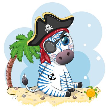 Tricorn şapkalı, göz bandı takan sevimli bir zebra korsanı. Korsanlar ve hazineler, adalar ve palmiye ağaçları