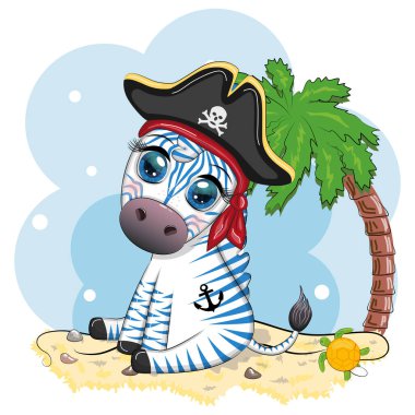 Tricorn şapkalı, göz bandı takan sevimli bir zebra korsanı. Korsanlar ve hazineler, adalar ve palmiye ağaçları