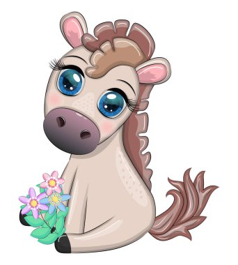 Cute cartoon horse, pony for card with flowers, balloons, hearts