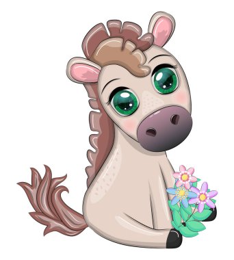 Cute cartoon horse, pony for card with flowers, balloons, hearts