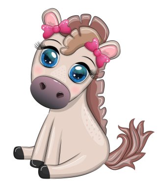 Cute cartoon horse, pony for card with flowers, balloons, hearts