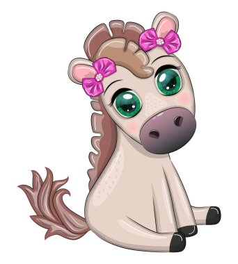 Cute cartoon horse, pony for card with flowers, balloons, hearts