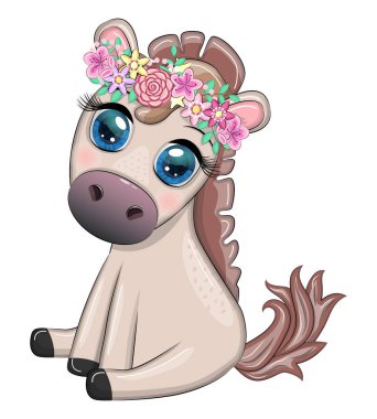 Cute cartoon horse, pony for card with flowers, balloons, hearts