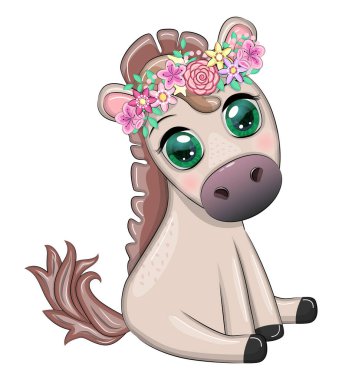 Cute cartoon horse, pony for card with flowers, balloons, hearts