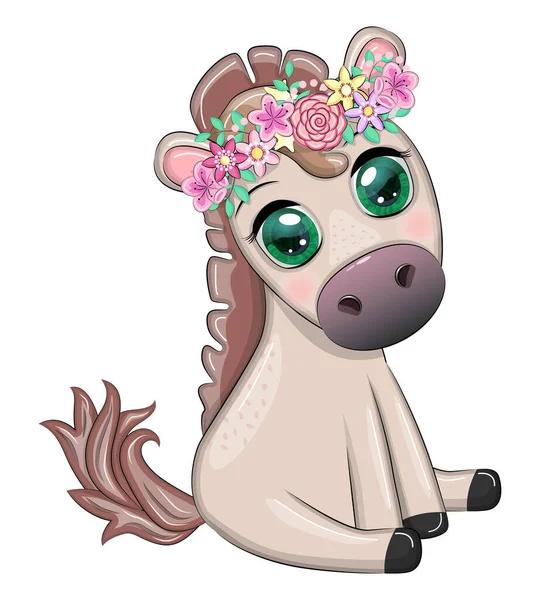 Cute Cartoon Horse Pony Card Flowers Balloons Hearts — Stockvektor