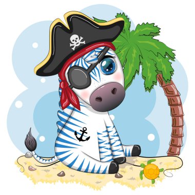 Tricorn şapkalı, göz bandı takan sevimli bir zebra korsanı. Korsanlar ve hazineler, adalar ve palmiye ağaçları