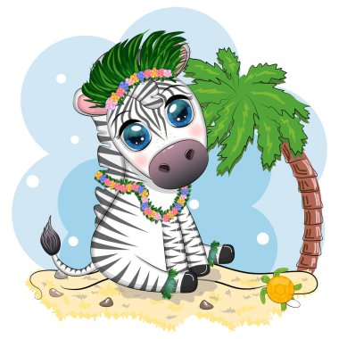 Cute zebra in hula dancer costume, Hawaii, child character. Animal in summer. Summer holidays, vacation
