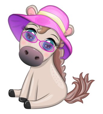 Nice horse, pony in flower wreath, hat, guitar, hula dancer from Hawaii. Summer card for the festival, travel banner