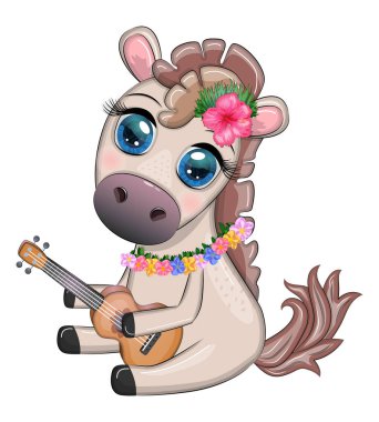 Nice horse, pony in flower wreath, hat, guitar, hula dancer from Hawaii. Summer card for the festival, travel banner