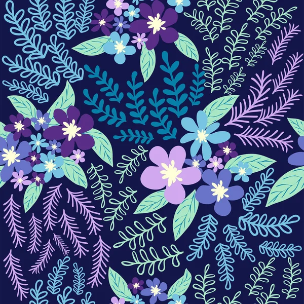 Fantasievolles Nahtloses Blumenmuster Mit Blauen Azurblauen Tsman Lavendelblüten Und Blättern — Stockvektor
