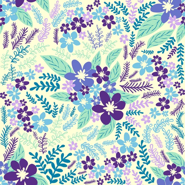 Fantasy Seamless Floral Pattern Blue Azure Tsman Lavender Flowers Leaves — Stock Vector