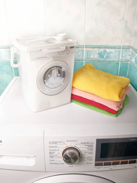 Containers Storing Washing Powder Different Fabrics Washing Machine — Stock Photo, Image