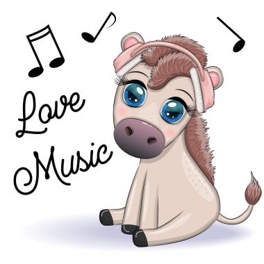 Donkey in headphones listens to music. I love music, cute character.