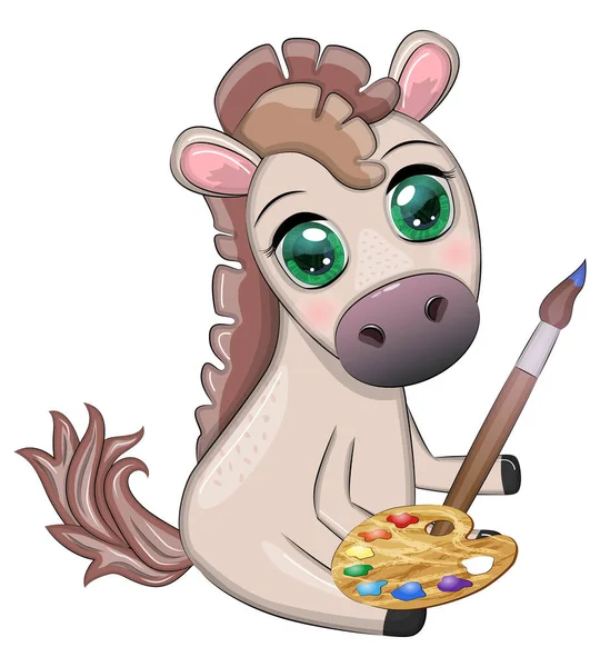 Χαριτωμένο Άλογο Παλέτα Χρωμάτων Και Πινέλο Καλλιτέχνης Χαρακτήρα Παιδική Εικονογράφηση — Διανυσματικό Αρχείο