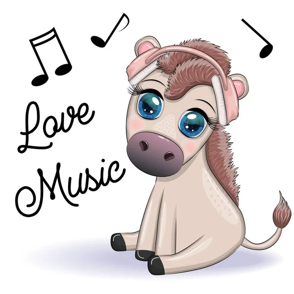 stock vector Donkey in headphones listens to music. I love music, cute character.