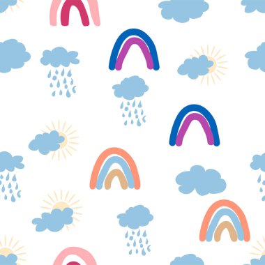 Gökkuşağı, bulut, yeni doğanlar için kusursuz güneş deseni. En küçük çocuklar için sevimli ve narin bir tasarım..