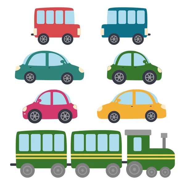 stock vector Cars buses, train set. Children's design. Urban transport