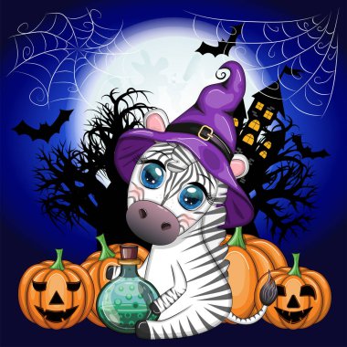 Cute zebra in witch hat, with broom, pumpkin jack, magic potion. Poster, card, label and decoration for Halloween party. Trick or Treat