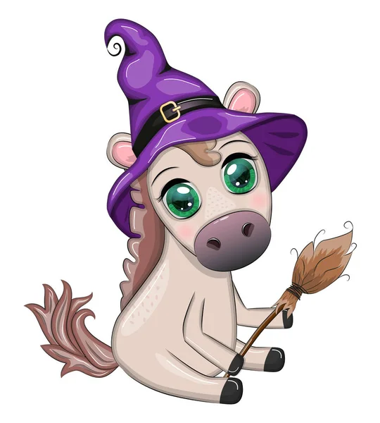 Милая Лошадь Пони Фиолетовой Ведьмовской Шляпе Метлой Тыквой Зельем Хэллоуинская — стоковый вектор