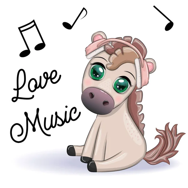 stock vector Horse in headphones listens to music. I love music, cute character.