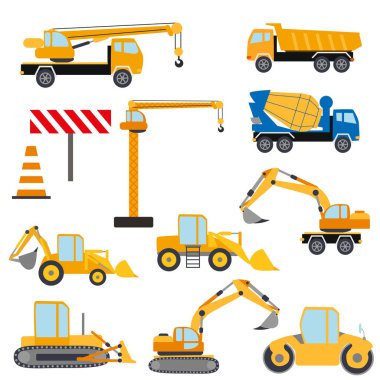 İnşaat malzemeleri hazır. İnşaat işleri için özel makineler. Forkliftler, beton karıştırıcılar, vinçler, kazıcılar, traktörler, buldozerler yol onarımı