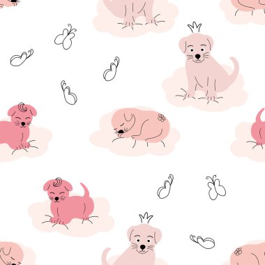 Tatlı uyuyan köpek yavrusu, bulutlar, yıldızlar, taç, kusursuz kelebekler. Yeni doğan için yumuşak renkler