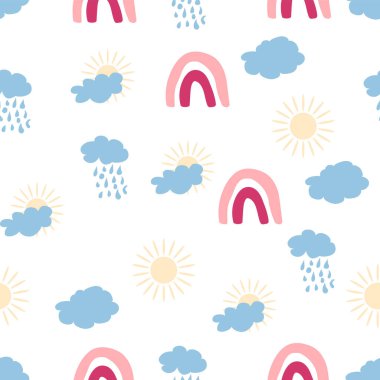 Gökkuşağı renklerinde pürüzsüz desen. İskandinav bebek eli çizimi yeni doğan kıyafetleri için mükemmel.