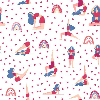 Yoga desensiz kadın nişanlı. Yoga pozları, nilüfer, canavar, yapraklar, desenli süsler, harfler. Zihin ve beden sağlığı