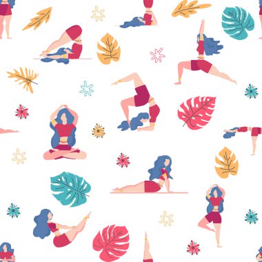 Yoga desensiz kadın nişanlı. Yoga pozları, nilüfer, canavar, yapraklar, desenli süsler, harfler. Zihin ve beden sağlığı