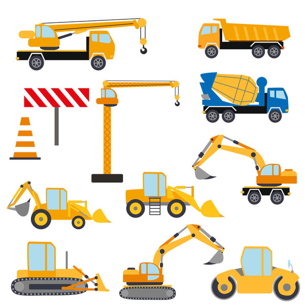 Construction equipment set. Special machines for construction work. Forklifts, concrete mixer, cranes, excavators, tractors, bulldozers trucks Road repair