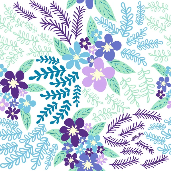 Fantasievolles Nahtloses Blumenmuster Mit Blauen Azurblauen Tsman Lavendelblüten Und Blättern — Stockvektor