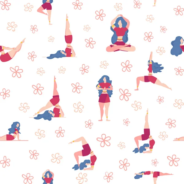 Yoga Mujer Patrón Sin Costuras Está Comprometido Posturas Yoga Loto — Vector de stock