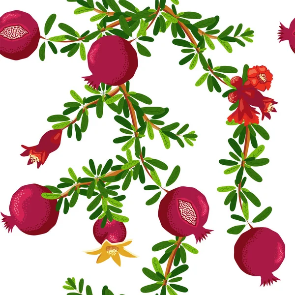 Granatapfelzweige Mit Früchten Und Blüten Nahtloses Muster Helle Blätter Und — Stockvektor