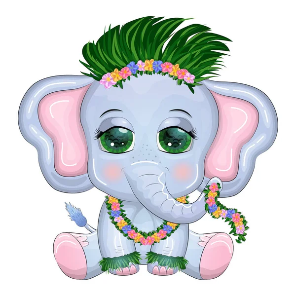 stock vector Cute cartoon elephant, childish character with beautiful eyes in Hawaiian costume, beach and vacation.