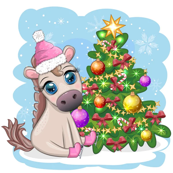 Aranyos Póniló Mikulás Kalapjában Cukorkával Karácsonyi Labda Ajándék Korcsolyázás Közeleg — Stock Vector